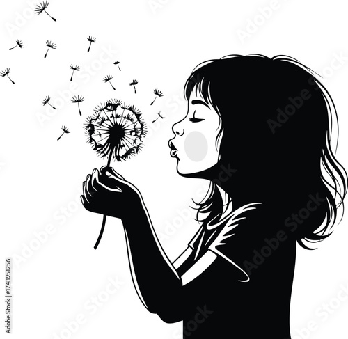 Vector art of silhouette of a young girl blowing a dandelion, seeds flying in the wind
