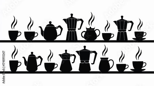 A black and white illustration of various coffee and tea service items arranged in three rows 

