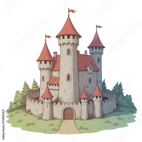 A medieval fantasy tower in an illustrated hand-drawn style, children's story book image, fairy tales, isolated on white, generative ai