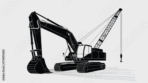 A black and white silhouette illustration of a construction crane and excavator.  
