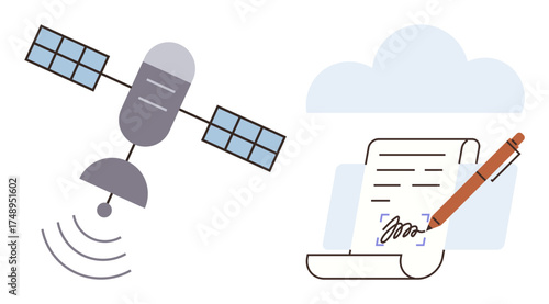Satellite emitting signals, paper with signature being digitally captured in cloud space. Ideal for technology, communication, security, agreements, remote access, networking, digital transformation