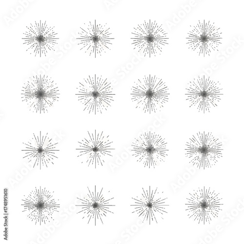 Starbursts radiate outward on white backdrop, creating dynamic and eyecatching patterns, perfect for adding a touch of energy and visual interest to any project.