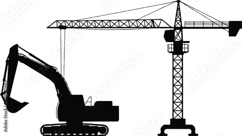 A black and white silhouette illustration of a construction crane and excavator.  (3)_traced