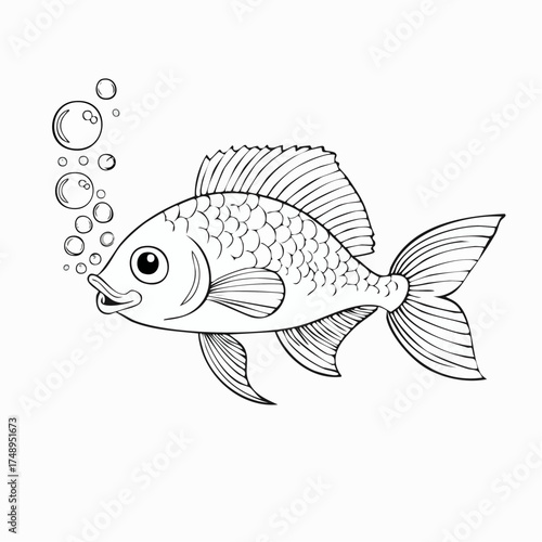 Cartoon Fish Blowing Bubbles Line Art.