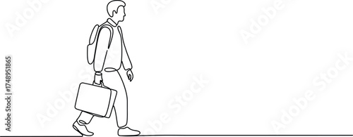 Minimalist line drawing of a person in a coat carrying a briefcase walking forward