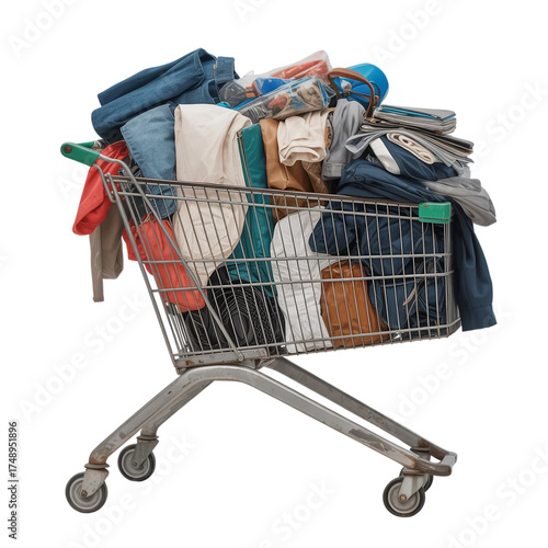 A metal shopping cart overflowing with various bags, clothes, and items isolated on transparent or white background. Generative ai