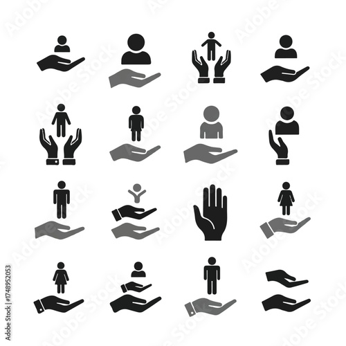 Hands holding human figures representing care and support in a minimalist style, symbolizing protection and community on a clean white canvas.