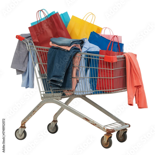 A metal shopping cart overflowing with various bags, clothes, and items isolated on transparent or white background. Generative ai