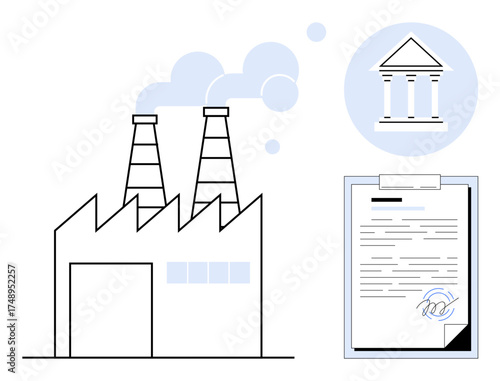 Factory emitting smoke, clipboard with signed document, and government building icon. Ideal for industry, compliance, regulation, law, government certification governance themes. Simple flat