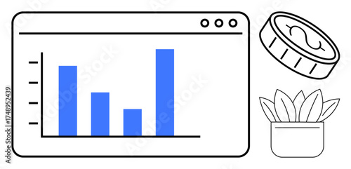 Bar chart on browser window, coin for investment idea, indoor plant symbolizing growth. Ideal for business, finance, data analysis, investment, growth concepts web analytics technology. Clean flat