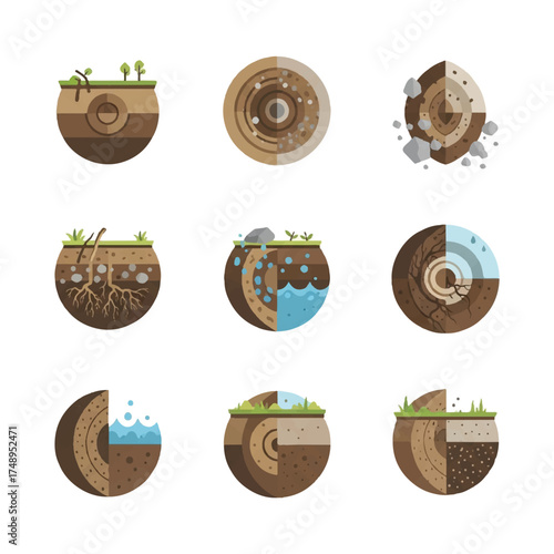 Earth cross sections showcasing different geological layers and soil compositions in various environments, highlighting the planet's diverse structures.