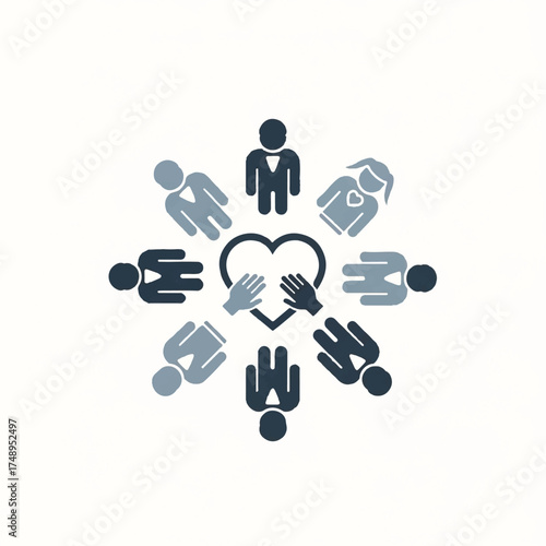 People standing in a circle around a heart symbol with hands reaching towards it, symbolizing unity and support on a clean, white surface.