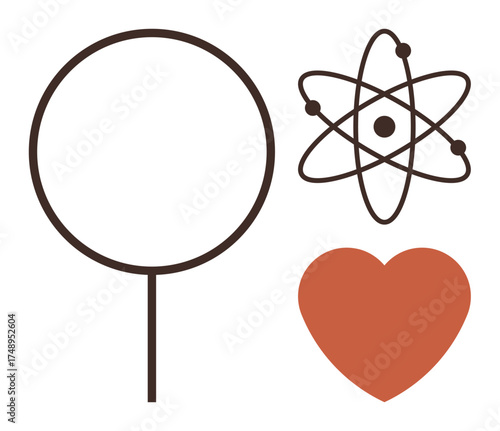 Atom, heart shape, and magnifying glass symbolize curiosity, scientific exploration, and love. Ideal for education, analysis, research passion discovery innovation and connection. Simple flat