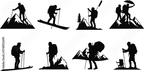 Adventure silhouette, hiking pose, skiing motion, paddle gear, mountain peak, child explorer, black vector, outdoor activity, nature trek, backpack