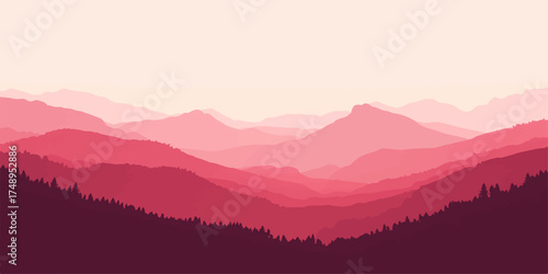 Misty mountain landscape at sunrise and sunset with fog over the forest valley