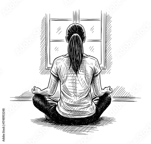Woman Meditating by Window in Hand-Drawn Sketch Style. Vector Illustration for Mindfulness and Wellness.