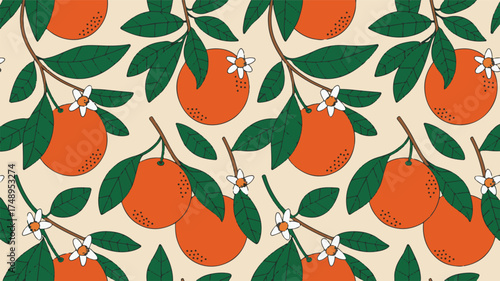 Orange fruits and leaves seamless pattern leaf branch