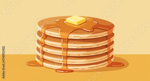 Delicious stack of golden pancakes generously drizzled with rich maple syrup and topped with a glistening pat of melting butter, a perfect sweet breakfast treat for any morning