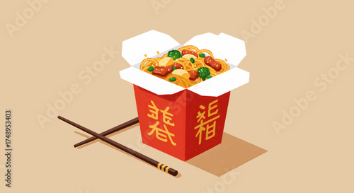 An isometric illustration of a red Chinese takeout box filled with noodles, chicken, and broccoli, with a pair of chopsticks beside it on a beige background.