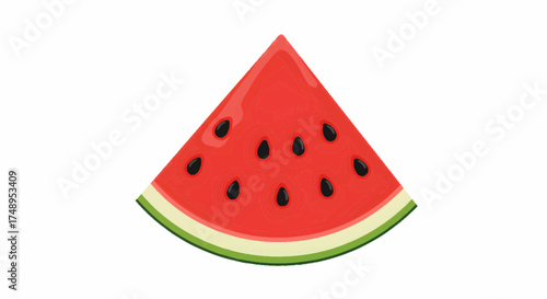 A vibrant, triangular slice of fresh red watermelon with black seeds and green rind, isolated on a white background.