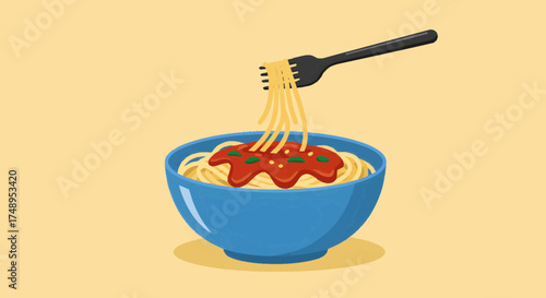 Delicious Spaghetti Meal with Rich Red Sauce Being Eaten with a Fork, a Classic Italian Dish Served in a Blue Bowl, Perfect for Dinner or Lunch