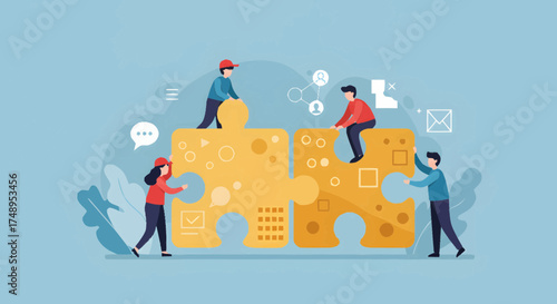 Dynamic team of professionals uniting two large puzzle pieces, illustrating effective collaboration, strategic problem-solving, and successful business partnership for shared objectives and growth
