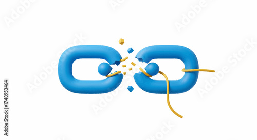 A vivid 3D illustration depicting a bright blue chain link breaking apart, symbolizing a lost connection, digital error, system failure, broken pathway, or data link disruption