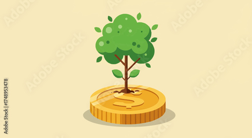 Vibrant green tree sprouting from a shining gold coin, powerfully symbolizing smart financial investments, sustainable wealth growth, and the prosperous journey of economic development and saving