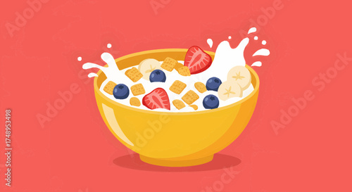 A vibrant illustration of a yellow bowl filled with crunchy cereal, fresh milk, strawberries, blueberries, and banana slices, with a splash of milk.