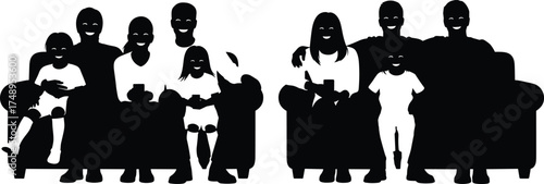 Family silhouette, couch sitting, domestic scene, children interaction, black vector, home life, relaxed pose, togetherness moment, living room activity