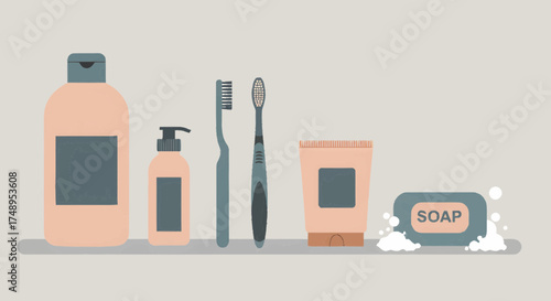 Flat design illustration of essential personal hygiene products for daily self-care routines, including soap, shampoo, lotion, and toothbrushes, neatly arranged on a bathroom shelf