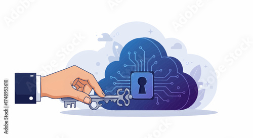 Secure cloud access concept with a hand holding a key to a locked cloud icon, representing data protection, cybersecurity, and digital privacy solutions