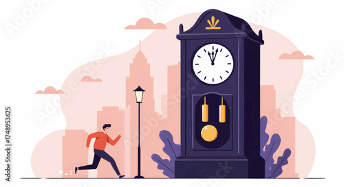 Vivid illustration of a man sprinting past a large clock in a city, symbolizing the relentless pressure of time and urgent deadlines in a fast-paced urban environment