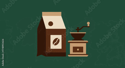 Stylized vector illustration depicting essential coffee tools a classic manual grinder alongside a fresh coffee bean bag, symbolizing the art of home brewing and fresh aromatic preparations
