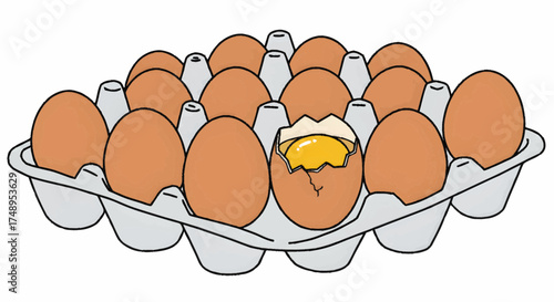 A vibrant illustration showcasing a full carton of farm-fresh brown eggs, featuring one cracked egg with its visible yolk and albumen, symbolizing breakfast, cooking, and natural food ingredients