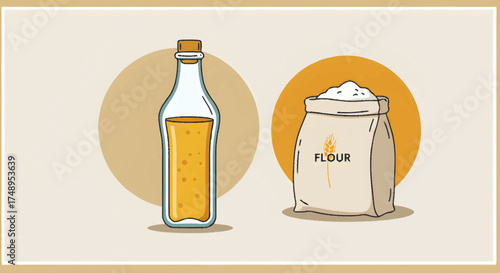 Essential kitchen staples illustrated a clear bottle of golden cooking oil alongside a rustic flour bag, representing common ingredients for baking and culinary creations