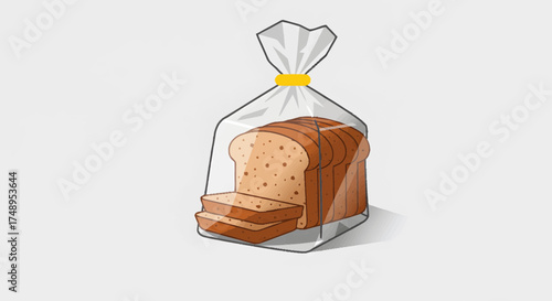Crisp illustration of a freshly sliced loaf of bread, neatly packaged in a transparent plastic bag with a yellow twist tie, embodying everyday kitchen essentials and mealtime readiness