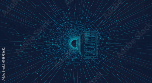Digital data flow with central server, representing advanced network connectivity, big data processing, and the future of artificial intelligence
