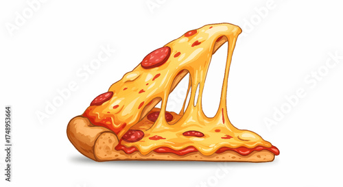 Vibrant illustration of a single, delicious pizza slice with generous, stretchy melted cheese and classic pepperoni. Perfect for culinary designs