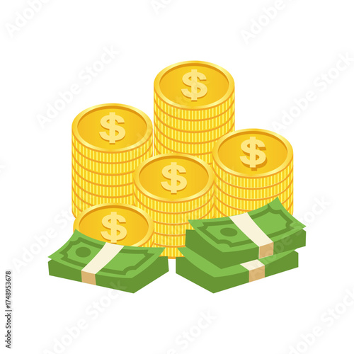 Vector illustration of money stacks. Cartoon gold coins and bundled banknotes. Concept of wealth, finance, currency, savings, investment, profit, and banking. Isolated icon.