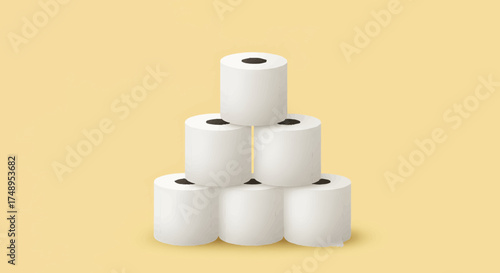 Neatly stacked white toilet paper rolls forming a stable pyramid on a plain background, symbolizing essential household supplies, hygiene, and preparedness for everyday living
