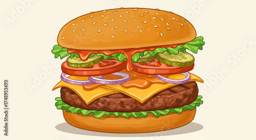 Vividly Illustrated Classic American Hamburger, a Mouth-Watering Depiction of Fast Food with Fresh Toppings and Sesame Bun