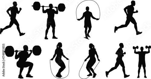 Fitness silhouette, jump rope, barbell lift, running pose, dumbbell walk, black vector, cardio workout, strength training, squat, exercise motion