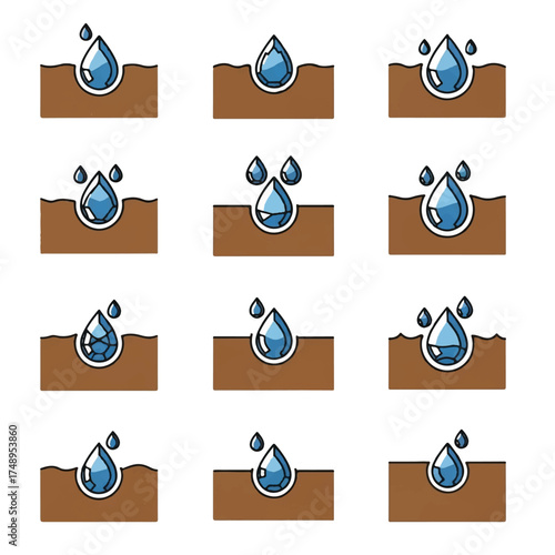 Water droplets falling into dry soil, representing hydration and irrigation in agriculture, conveying themes of sustainability and environmental awareness.