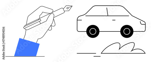 Hand holding a fountain pen creating a simple car sketch with smooth lines. Ideal for creativity, art, design, transportation, innovation, concepts, education, simple flat metaphor