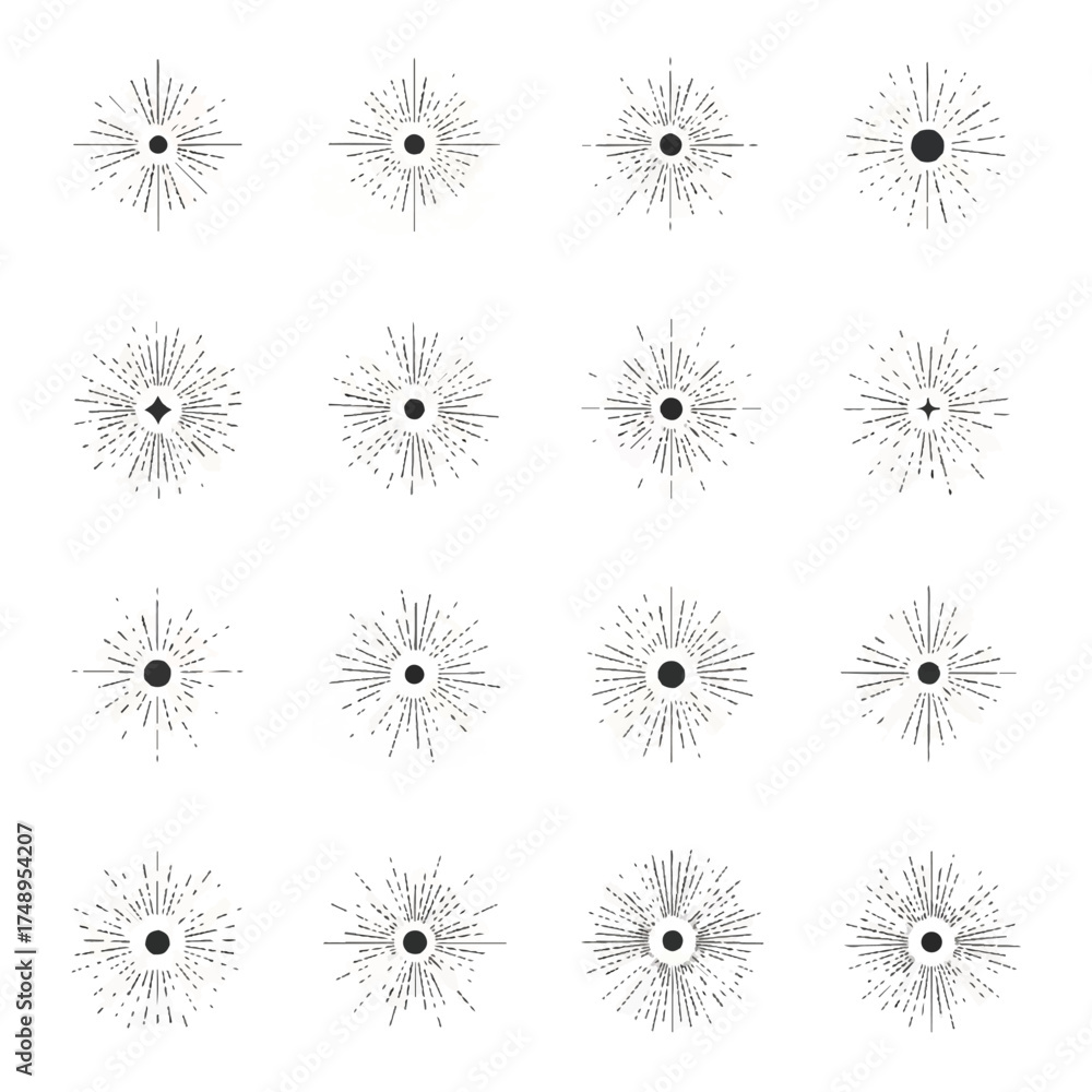 Obraz premium Collection of sunburst shapes radiating outwards on white, creating a vintage and retro aesthetic for various creative projects.