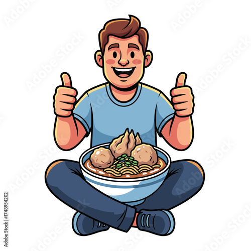 Happy Young Man Giving Thumbs Up while Enjoying a Delicious Bowl of Bakso Noodle Soup - Indonesian Street Food
