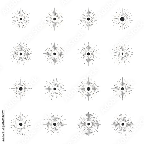 Collection of sunburst shapes radiating outwards on white, creating a vintage and retro aesthetic for various creative projects.