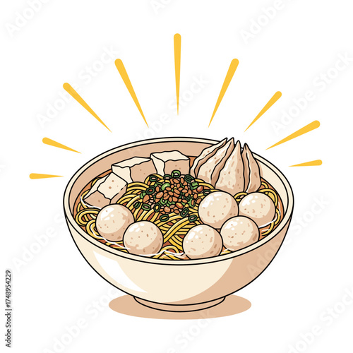 Glowing Hot Bowl of Bakso Noodle Soup with Meatballs, Tofu and Scallions - Traditional Indonesian Street Food