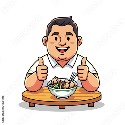 Cheerful Man Giving Thumbs Up while Enjoying a Bowl of Bakso Noodle Soup on a Wooden Table
